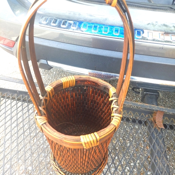 Tall Bamboo Woven Basket with Handle Large Vintage